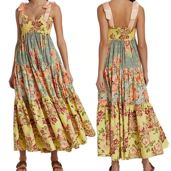Dresses & Skirts - Boho Multicolor Floral Print Shirred Shoulder Tie Ruffle Hem Dress